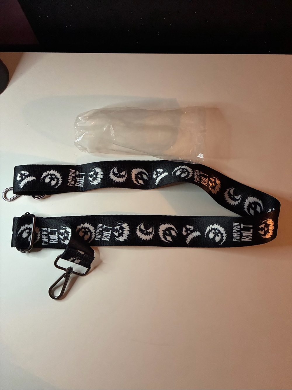 Pumpkin Kult LOVE PAIN STITCHES Black purse Strap with White Jack-O'-Lanterns